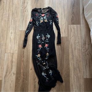 Free People Embroidered Long Sleeve Mesh Maxi Dress with Colorful Floral Design